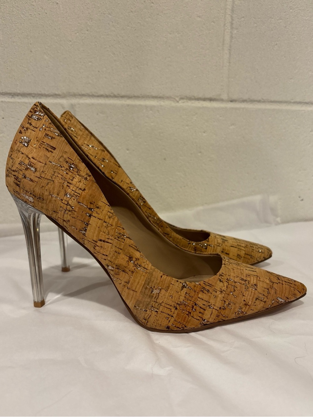 Mix No 6 Forest Cork Pumps Heels Clear Lucite Stilettos Silver Flecks 10M
